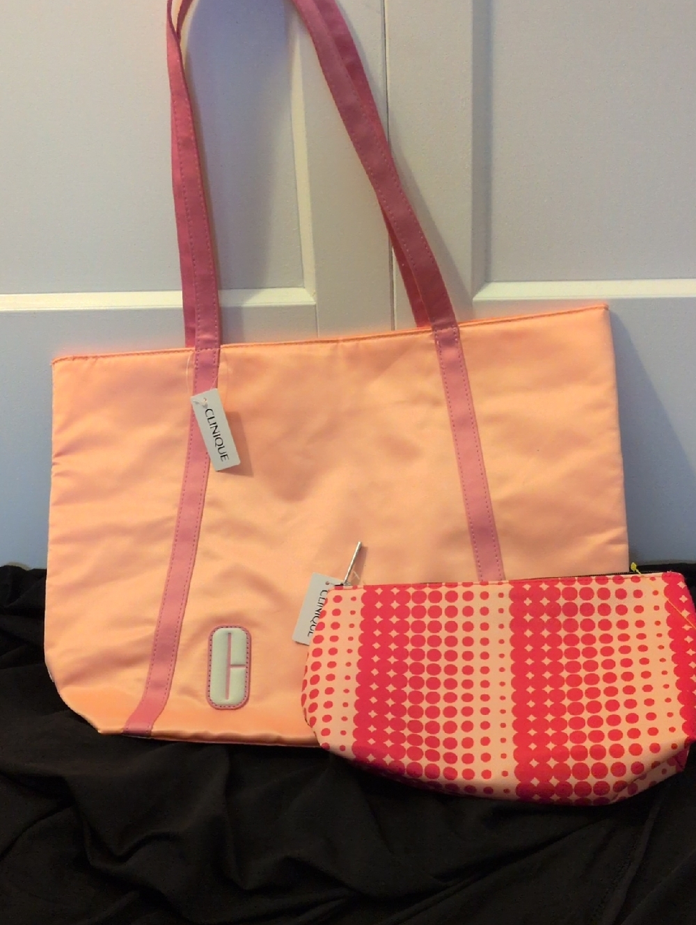 Clinique Peach and Pink Tote with Patterned Cosmetic Pouch